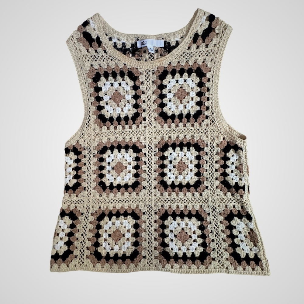 DR2 by Daniel Rainn Granny Square Crochet Vest Top Cream Tan Black DR70793 Small